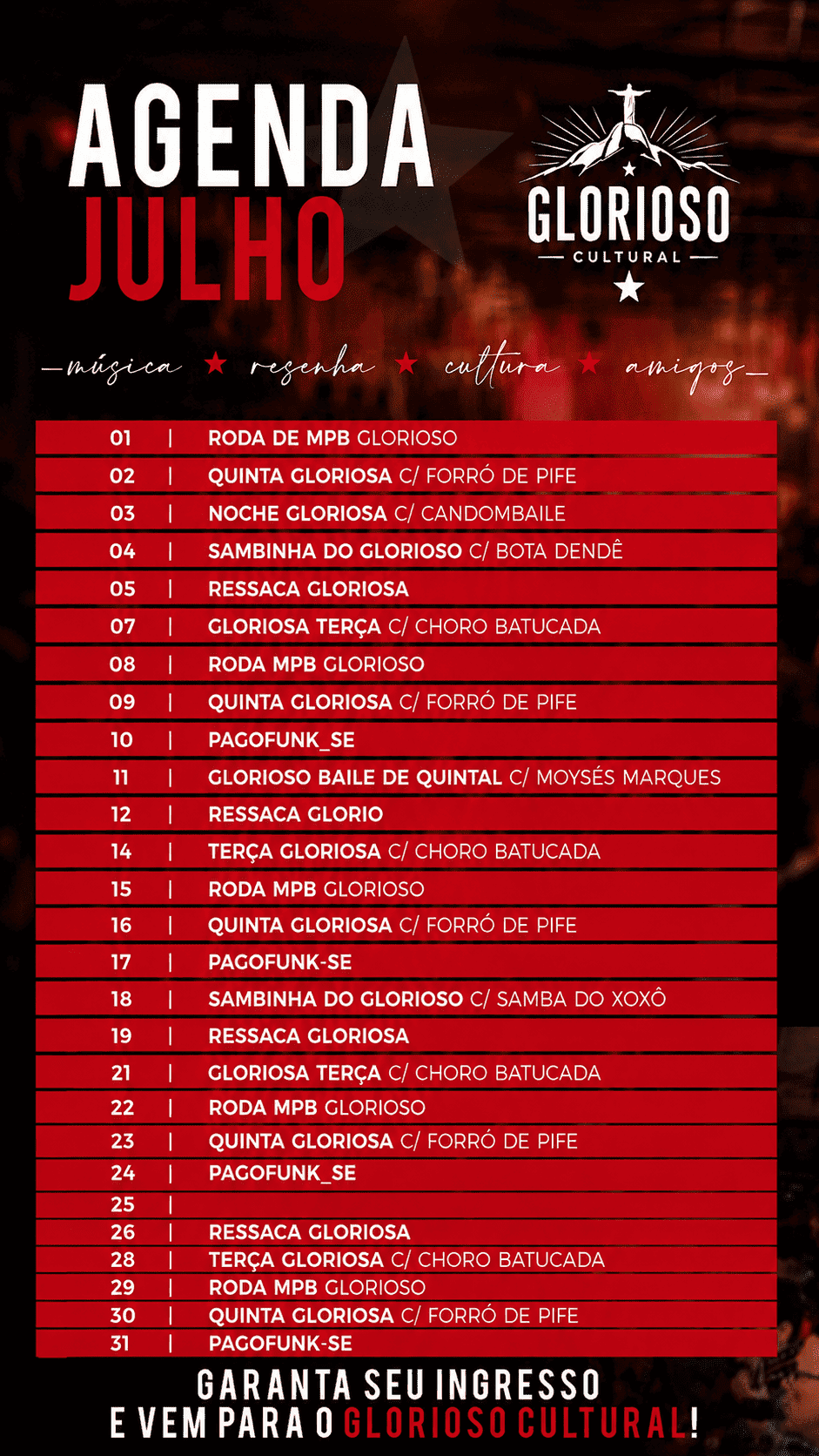 Programação - Agenda de Eventos de Julho Glorioso Cultural Catete Rio de Janeiro